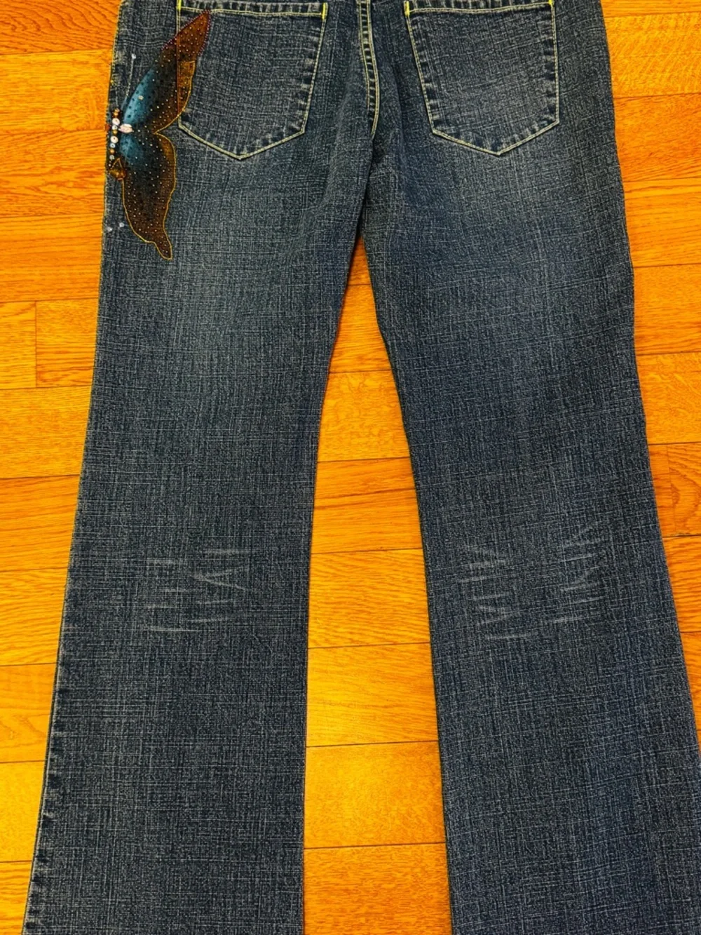 Embellished-Chic-One of a Kind Dark Blue Wide Leg Jeans with Artistic 3D Detail - Picture 8 of 10